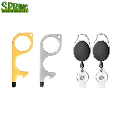 Metal retractable door opener and bottle opener no contact door opener retractable reel defensive keychain accessories