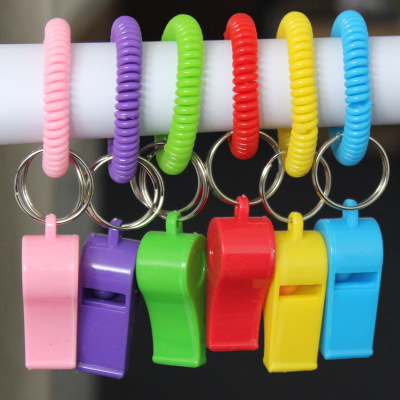 Fashion children toy plastic whistle with round bungee cord, spring Bracelet whistles keyring